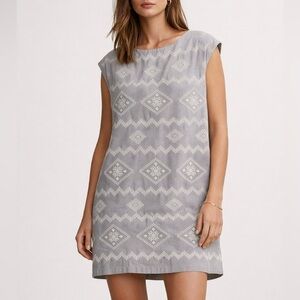 Aritzia Wilfred Blondelle XS Grey + White Embroidered Linen Blend Shift Dress